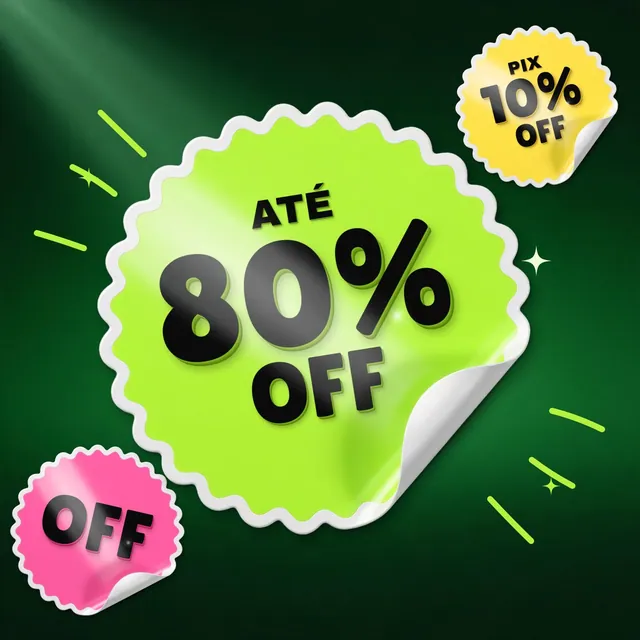Selo 3D adesivo serrilhado Até 80% OFF: valores de 10% a 80%, OFF e PIX em verde, rosa e amarelo (PNG e texto editável)