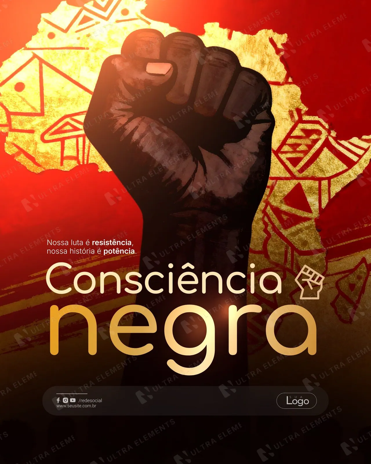 Post Consciência Negra: punho sobre mapa da África dourado em fundo vermelho (feed)
