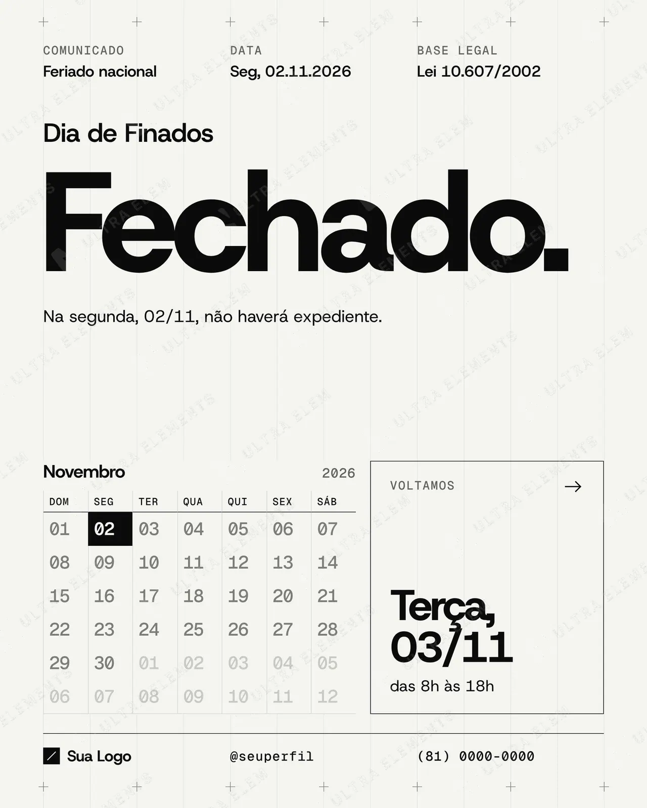 Post e story Comunicado de feriado Finados 02/11: calendário de novembro em tom sóbrio — imagem 1 de 5