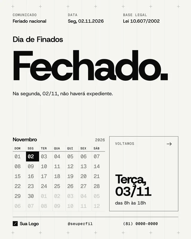 Post e story Comunicado de feriado Finados 02/11: calendário de novembro em tom sóbrio