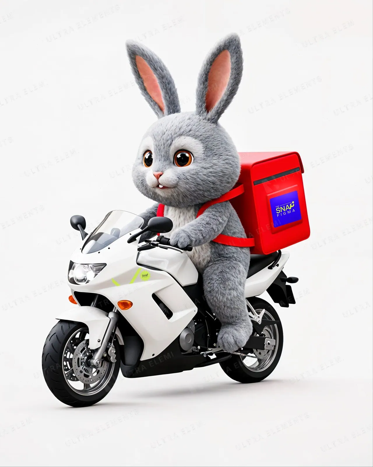 Mockup de Páscoa: coelho 3D estilo cartoon em moto branca com bag vermelha e adesivo na carenagem — imagem 1 de 4