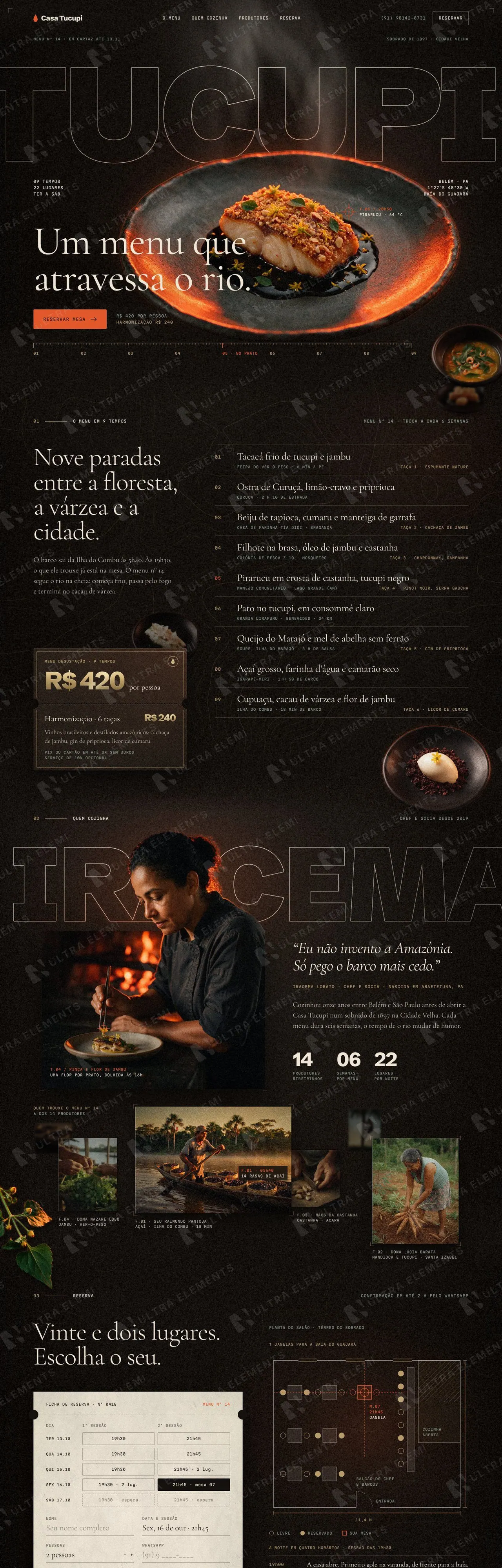 Landing page para restaurante autoral com menu degustação em 9 tempos, harmonização e reserva online (desktop e mobile) — imagem 1 de 8