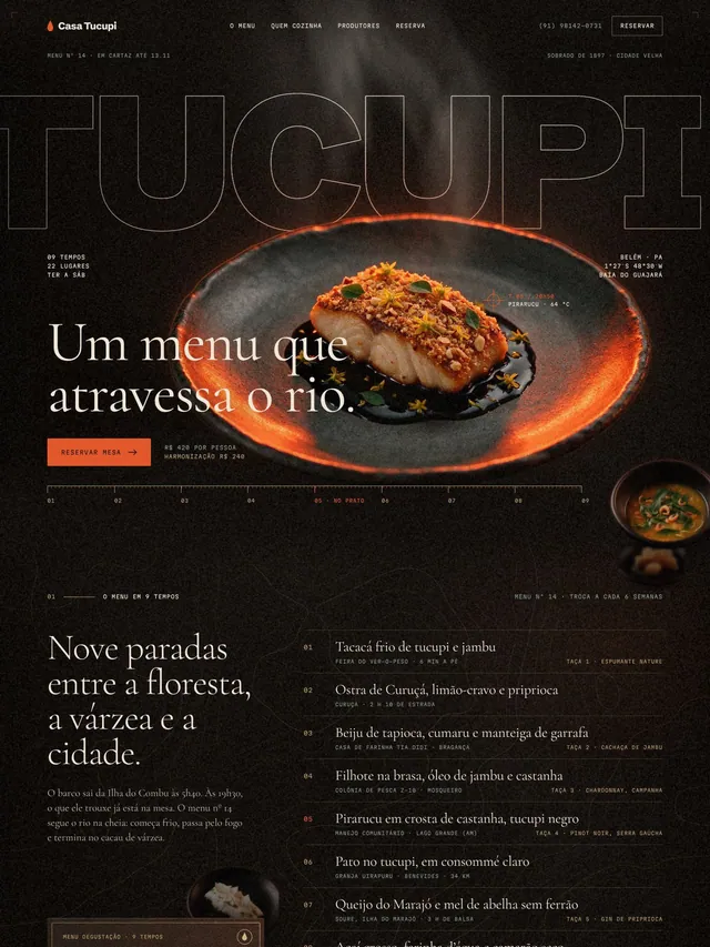 Landing page para restaurante autoral com menu degustação em 9 tempos, harmonização e reserva online (desktop e mobile)