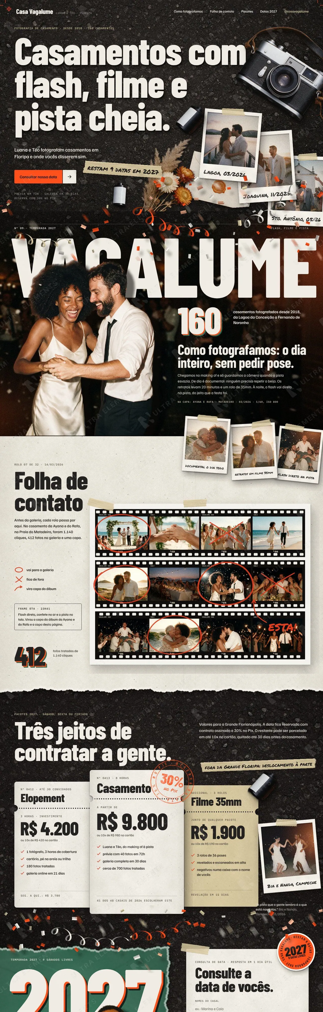 Landing page para fotógrafos de casamento com flash e filme, pacotes e consulta de data (desktop e mobile) — imagem 1 de 7