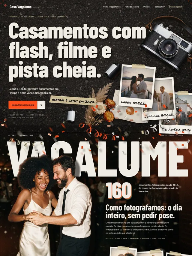 Landing page para fotógrafos de casamento com flash e filme, pacotes e consulta de data (desktop e mobile)