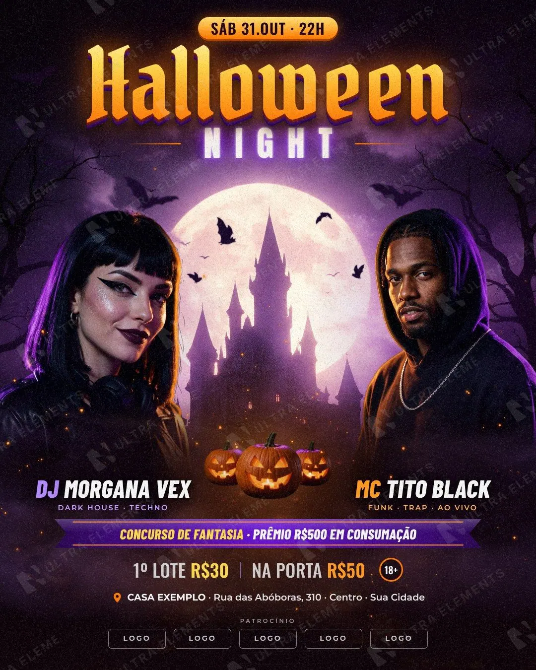 Flyer Halloween Night: DJ e MC diante do castelo sob a lua cheia, com luz roxa e laranja (feed, story e A5) — imagem 1 de 4