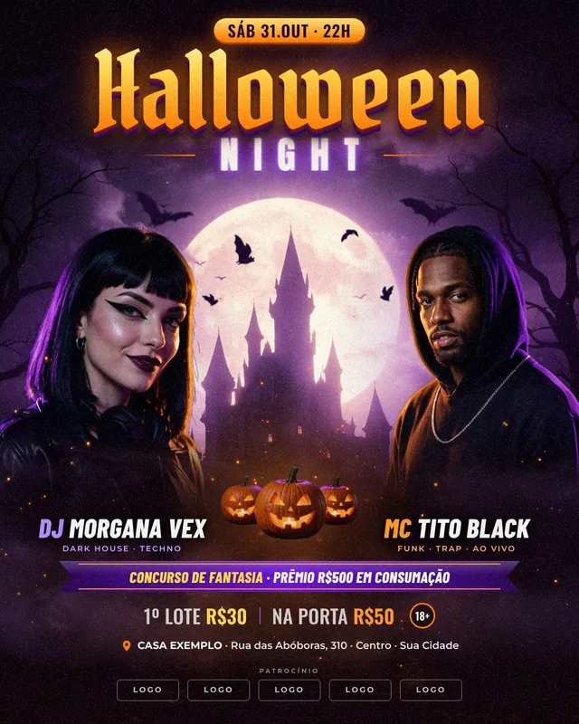 Flyer Halloween Night: DJ e MC diante do castelo sob a lua cheia, com luz roxa e laranja (feed, story e A5)