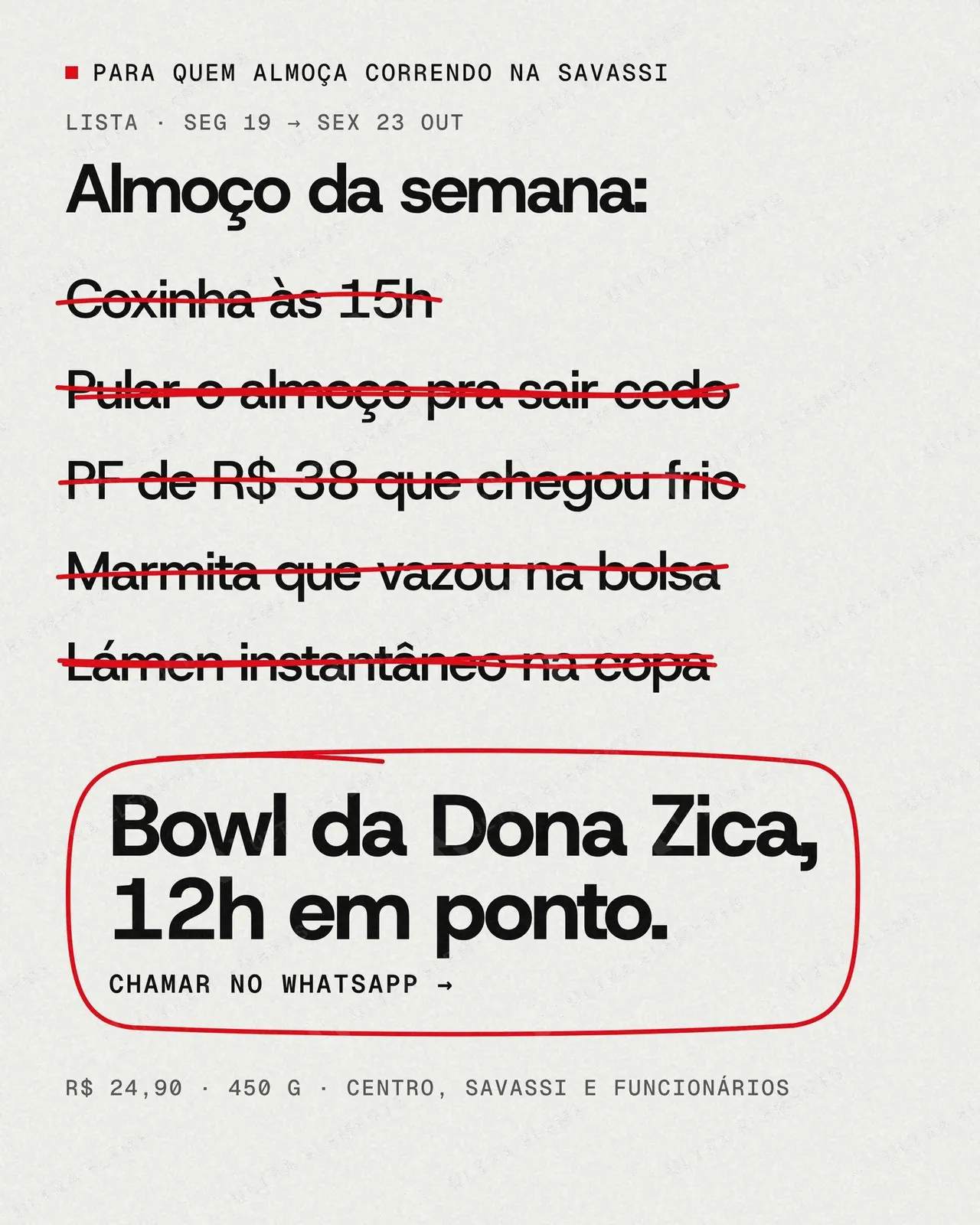Anúncio nativo lo-fi para Meta Ads com lista riscada à caneta “Almoço da semana” (feed + story) — imagem 1 de 3
