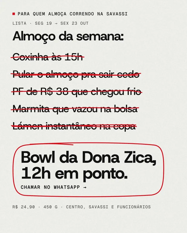 Anúncio nativo lo-fi para Meta Ads com lista riscada à caneta “Almoço da semana” (feed + story)