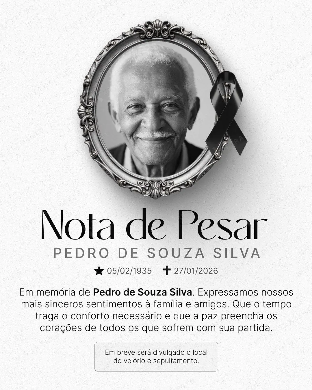 Post Nota de Pesar: moldura oval clássica prateada com laço (feed + story claro) — imagem 1 de 2