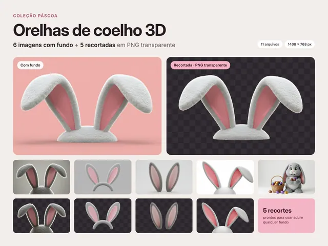 Orelhas de coelho 3D para Páscoa: 6 imagens com fundo + 5 recortadas em PNG