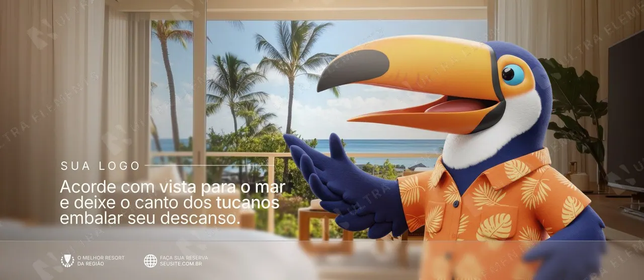 Banner resort com mascote tucano 3D: quarto com vista para o mar (horizontal)