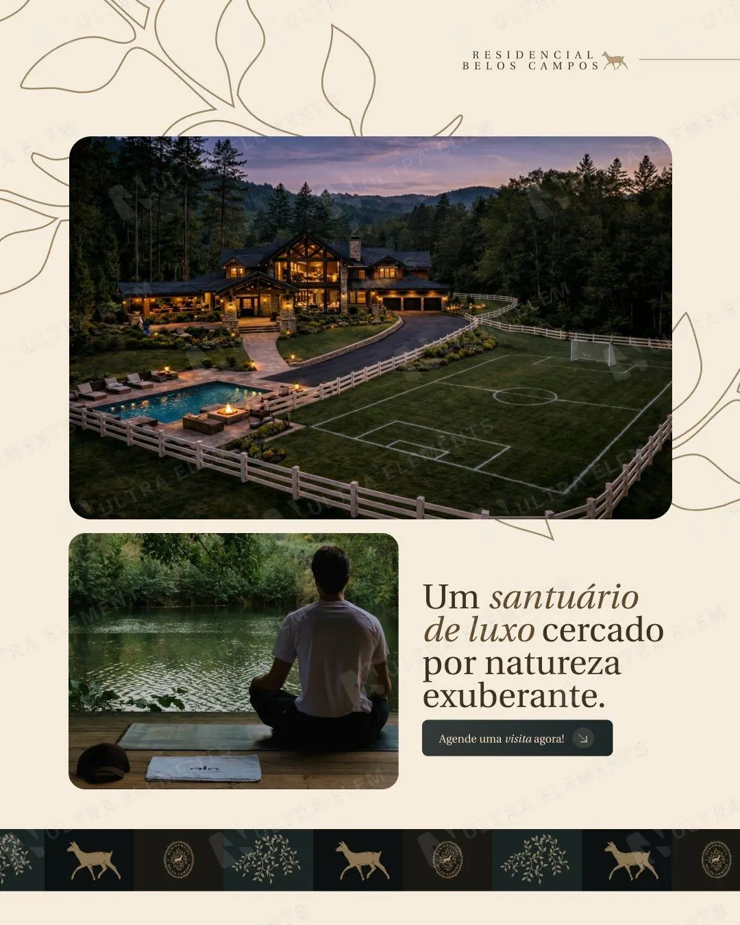Post imobiliária de alto padrão: Santuário de luxo com mansão e lago (feed)