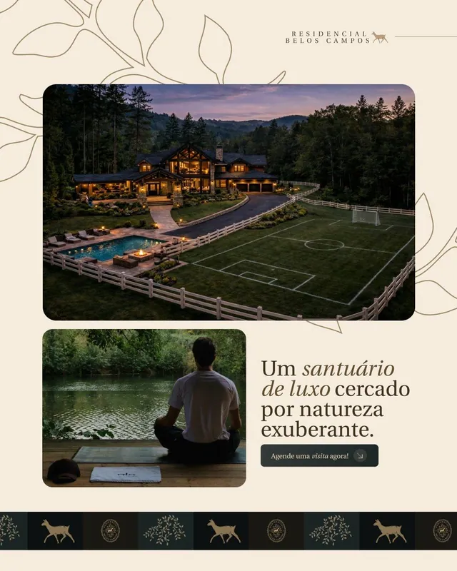 Post imobiliária de alto padrão: Santuário de luxo com mansão e lago (feed)