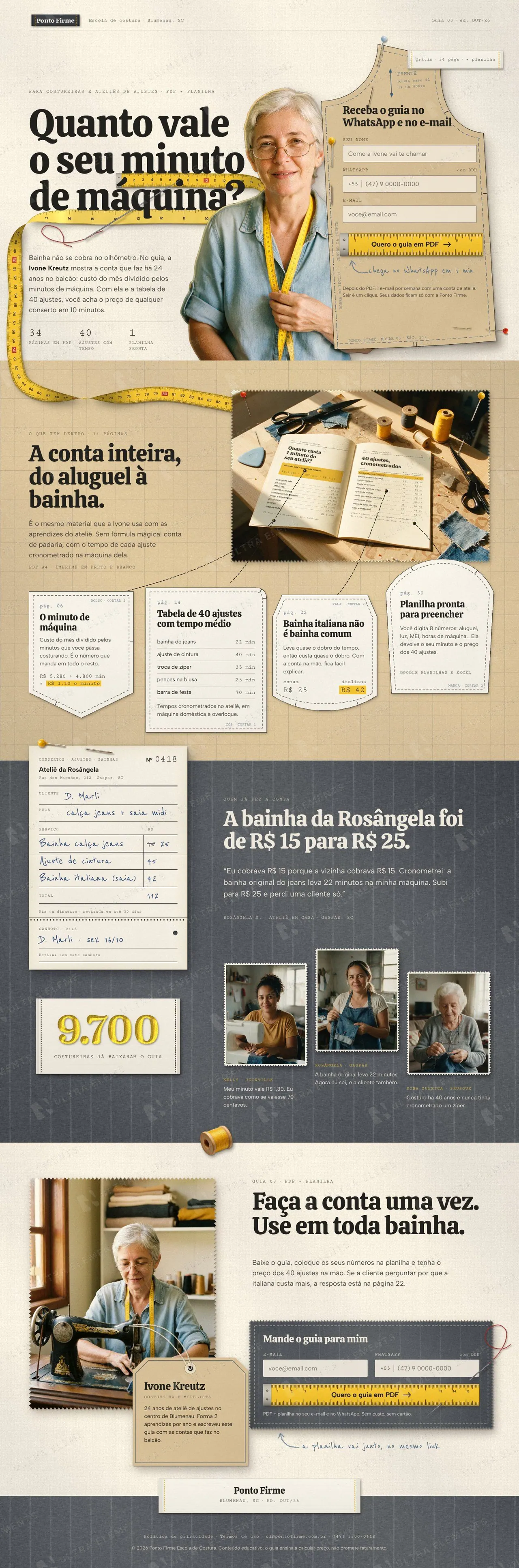 Landing page de captura para guia grátis de precificação para costureiras e ateliês de ajustes (desktop e mobile) — imagem 1 de 7