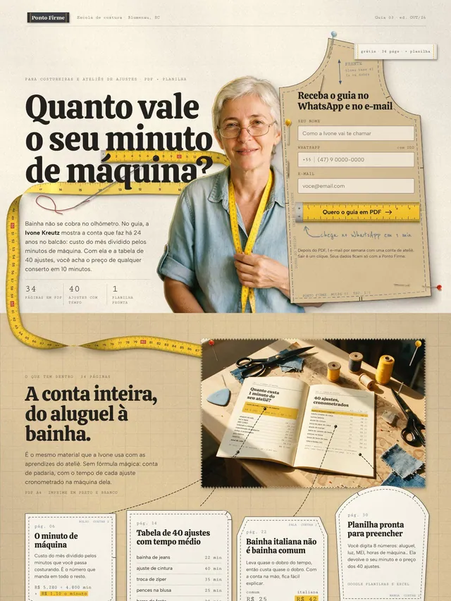 Landing page de captura para guia grátis de precificação para costureiras e ateliês de ajustes (desktop e mobile)