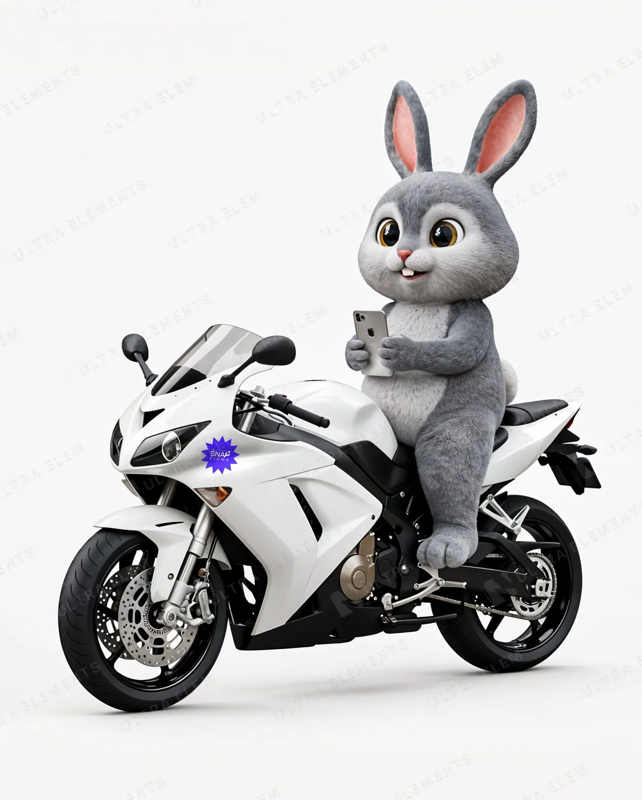 Mockup de Páscoa: coelho em moto esportiva branca com celular e sua marca na carenagem — imagem 1 de 4