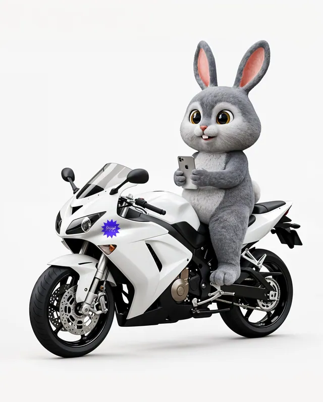 Mockup de Páscoa: coelho em moto esportiva branca com celular e sua marca na carenagem
