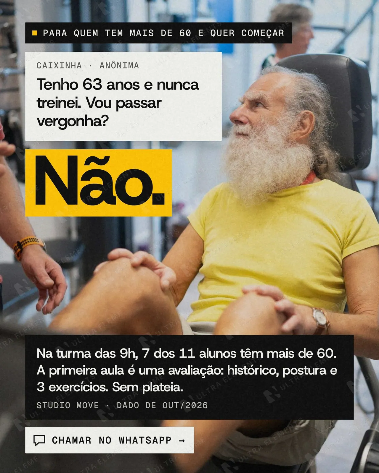 Anúncio nativo lo-fi para Meta Ads em caixinha de perguntas respondida com “Não.” gigante (feed + story) — imagem 1 de 3