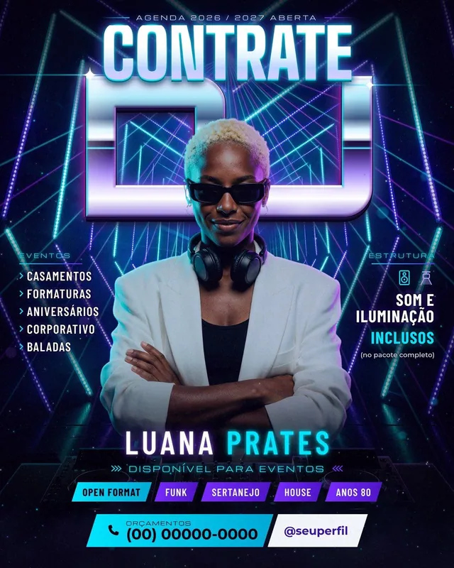 Contrate DJ: press-kit da DJ Luana Prates no túnel de LED com DJ cromado, estilos, eventos e orçamento (feed + story + destaques)