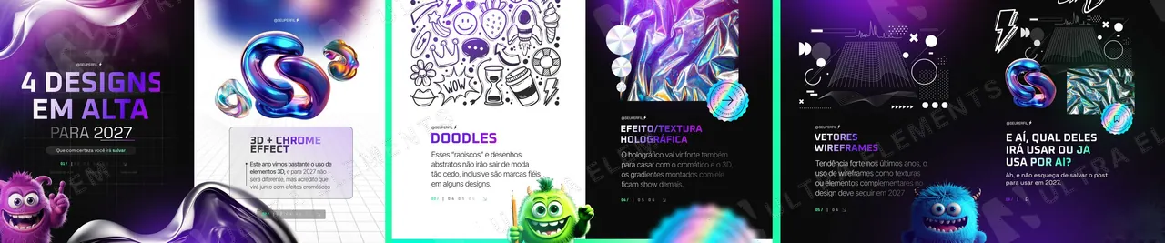 Carrossel “4 designs em alta”: tendências 3D cromado, doodles, holográfico e wireframes (6 slides) — imagem 1 de 7