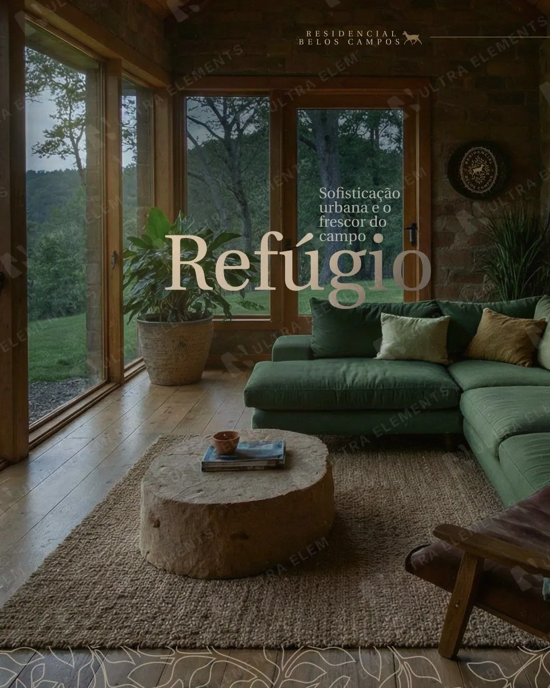 Post imobiliária de alto padrão: Refúgio, sala de campo com sofá verde (feed)