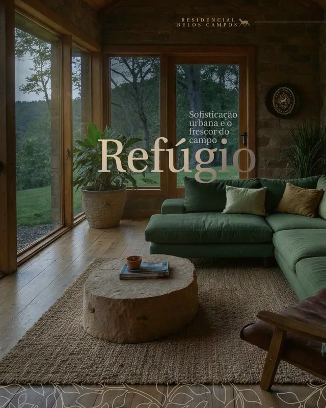 Post imobiliária de alto padrão: Refúgio, sala de campo com sofá verde (feed)