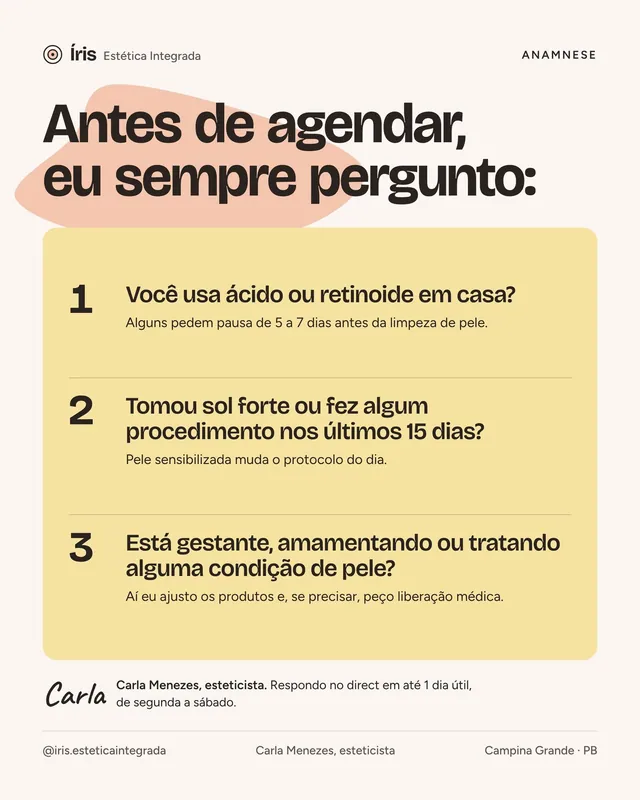 Post de anamnese para estética: 3 perguntas antes de agendar (feed)