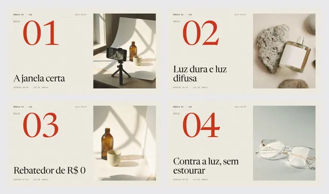 Thumbnails de aula estilo revista e card Continue assistindo