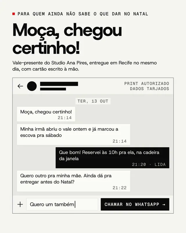 Anúncio nativo lo-fi para Meta Ads em conversa tarjada “Moça, chegou certinho!” (feed + story)