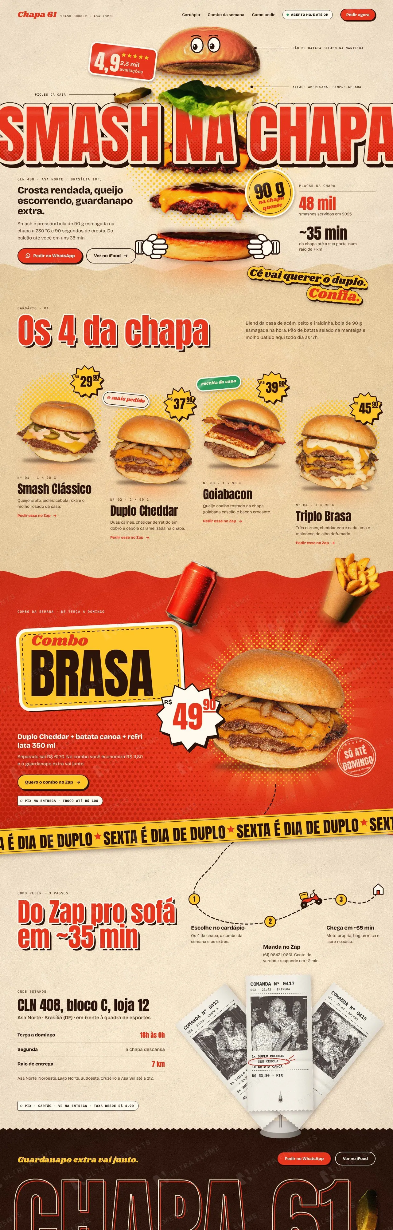 Landing page para hamburgueria smash com cardápio, combo da semana e pedido via WhatsApp e iFood (desktop e mobile) — imagem 1 de 8