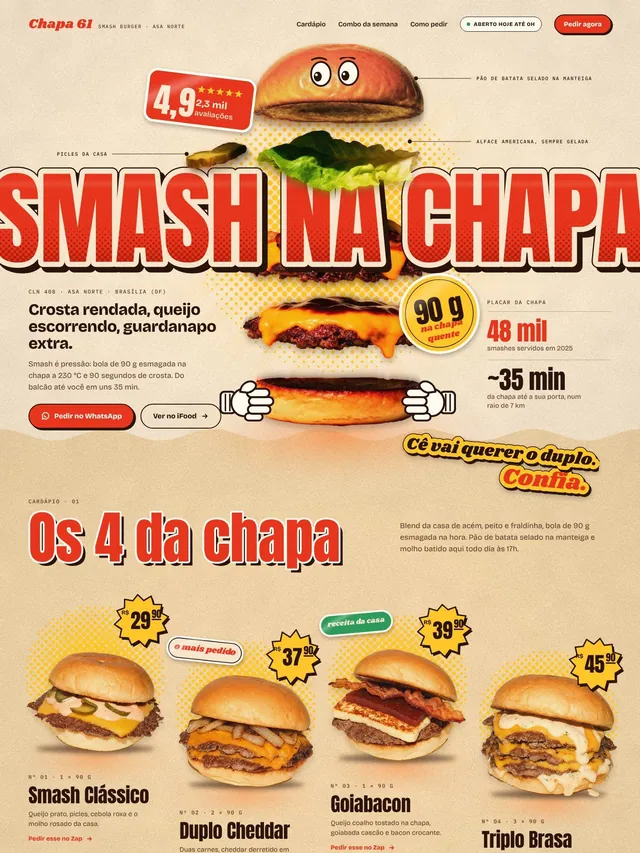 Landing page para hamburgueria smash com cardápio, combo da semana e pedido via WhatsApp e iFood (desktop e mobile)