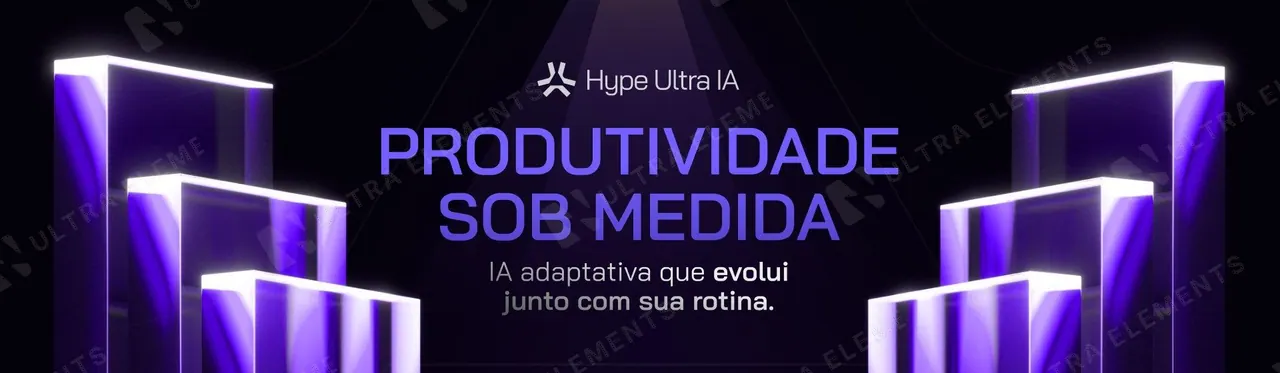 Banner hero SaaS de IA neon: "Produtividade sob medida" com blocos de vidro