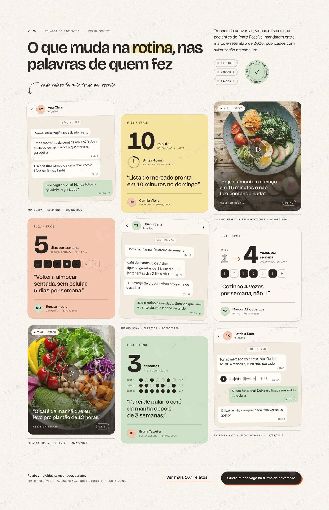 Seção de depoimentos em parede: prints de conversa, vídeos e frases com métrica — imagem 1 de 6