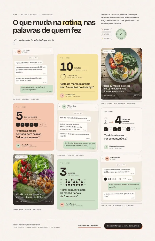 Seção de depoimentos em parede: prints de conversa, vídeos e frases com métrica