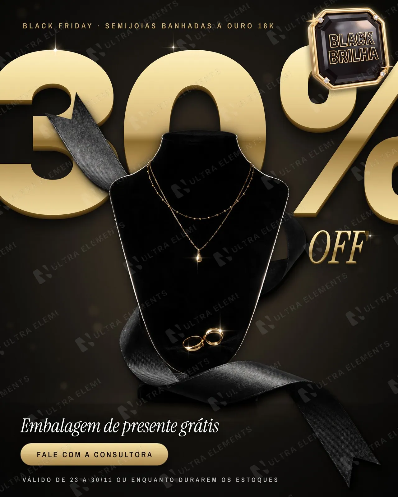Post Black Friday 30% OFF dourado para joias e semijoias com busto de veludo e fita de cetim preta (feed, story e versão ótica) — imagem 1 de 5