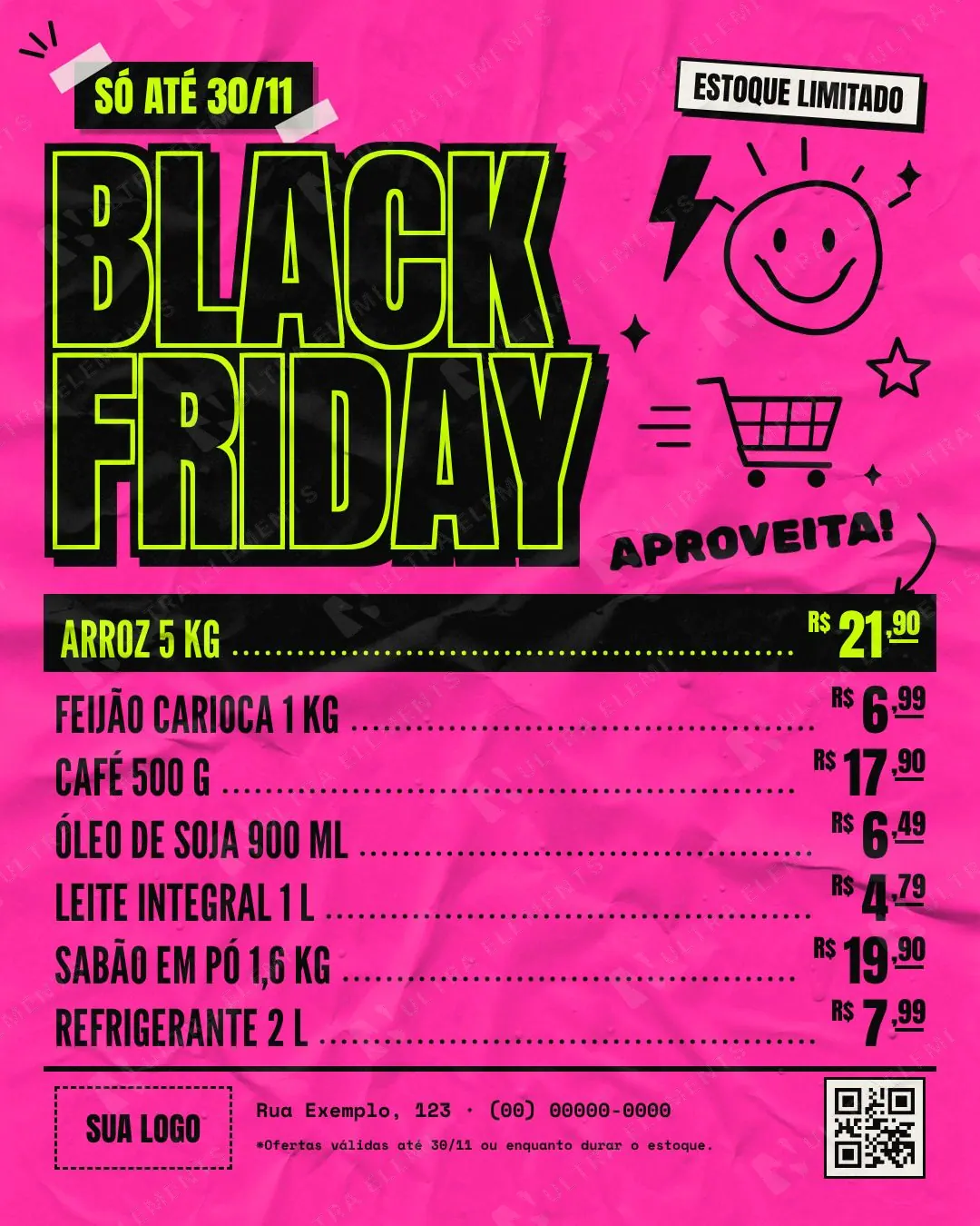 Post Black Friday lambe-lambe neon com lista de ofertas para mercado e mockup em tapume de rua — imagem 1 de 7