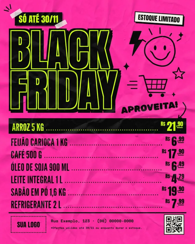 Post Black Friday lambe-lambe neon com lista de ofertas para mercado e mockup em tapume de rua