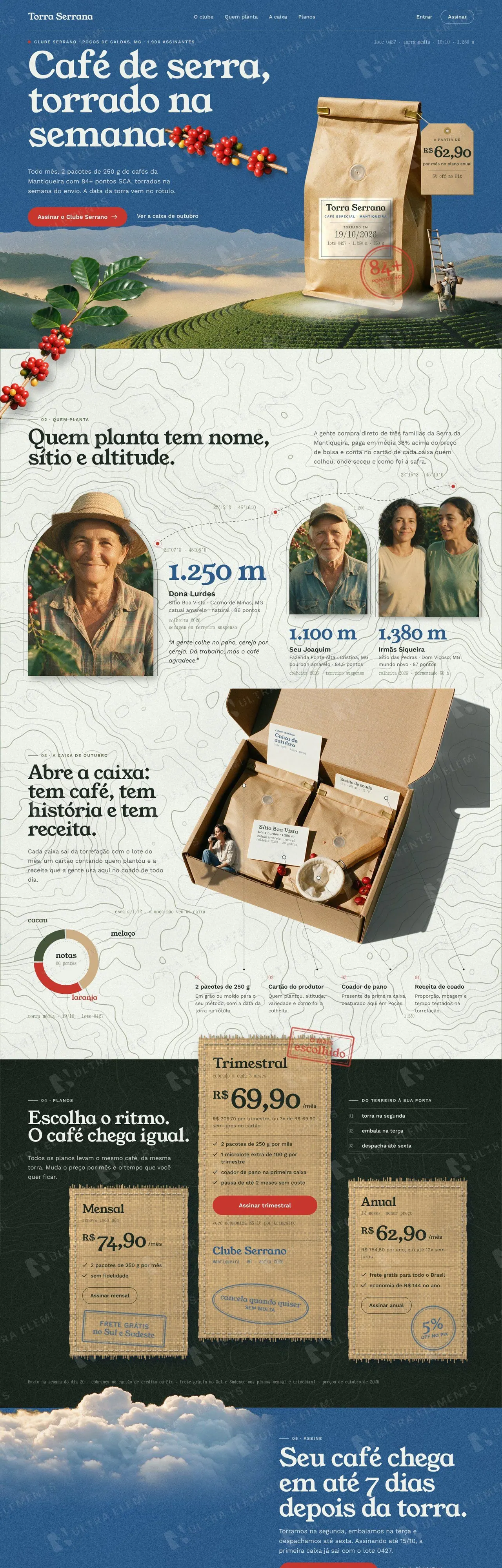 Landing page de clube de assinatura de café especial com produtores, caixa do mês e planos (desktop e mobile) — imagem 1 de 8