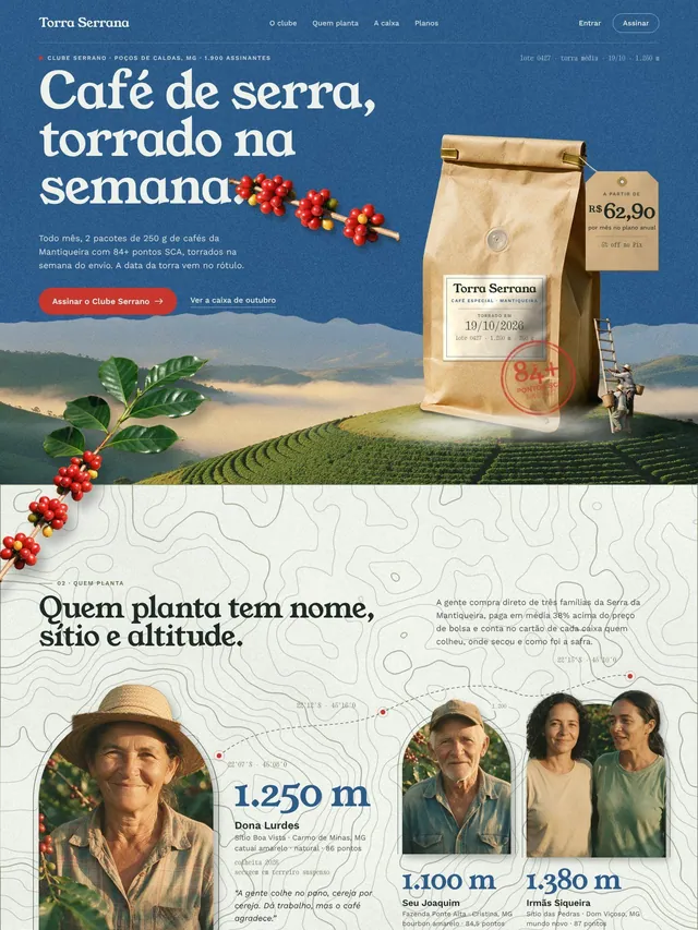 Landing page de clube de assinatura de café especial com produtores, caixa do mês e planos (desktop e mobile)