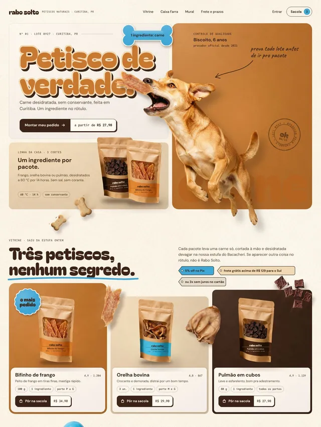 Landing page de loja de petiscos naturais para cães com vitrine, caixa mensal e mural de tutores (desktop e mobile)