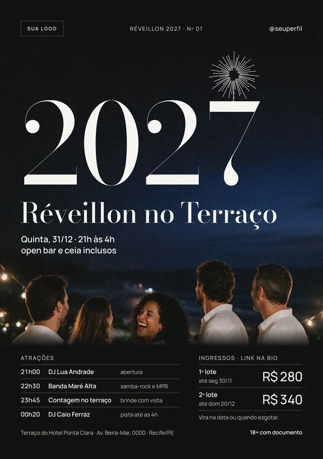 Flyer A5 Réveillon no Terraço 2027: festa de branco com atrações, lotes e PDF para gráfica