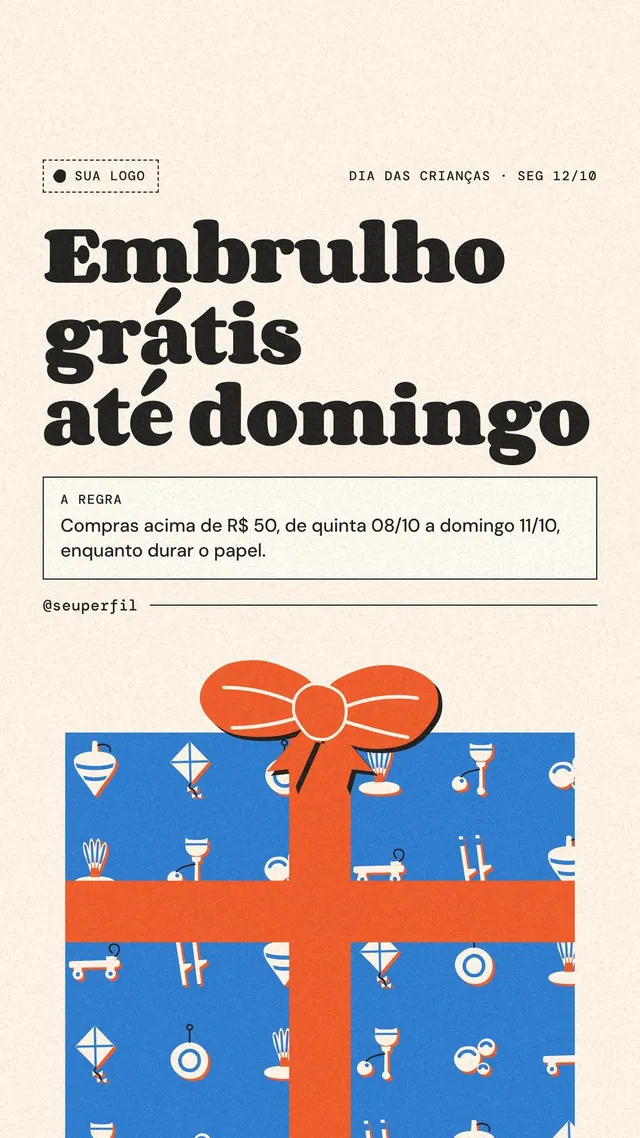 Story Dia das Crianças embrulho grátis até domingo com presente de papel estampado