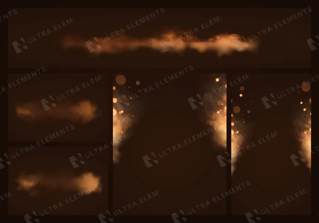 Fumaça quente de palco em PNG: laranja, marrom e âmbar com bokeh (5 camadas) — imagem 1 de 2