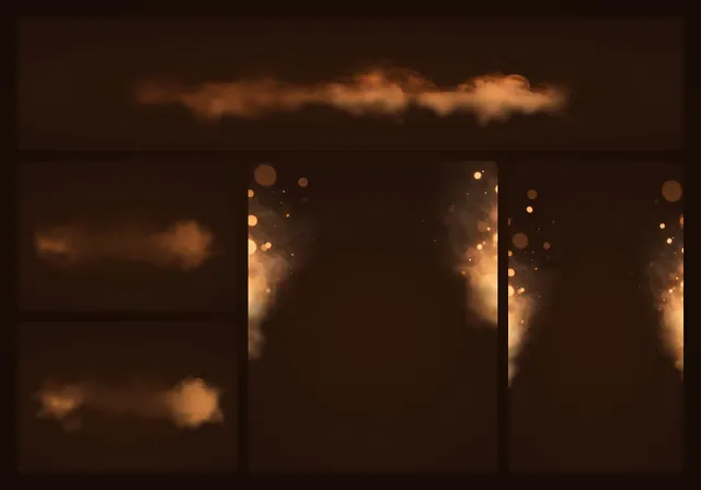 Fumaça quente de palco em PNG: laranja, marrom e âmbar com bokeh (5 camadas)