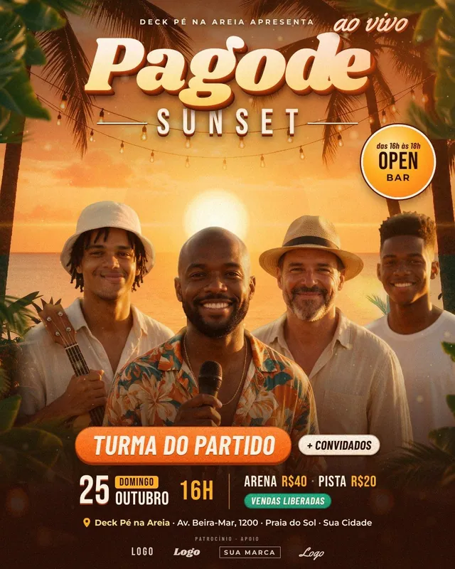 Flyer Pagode Sunset com grupo na praia ao pôr do sol e título retrô com extrusão: show de pagode para feed e story