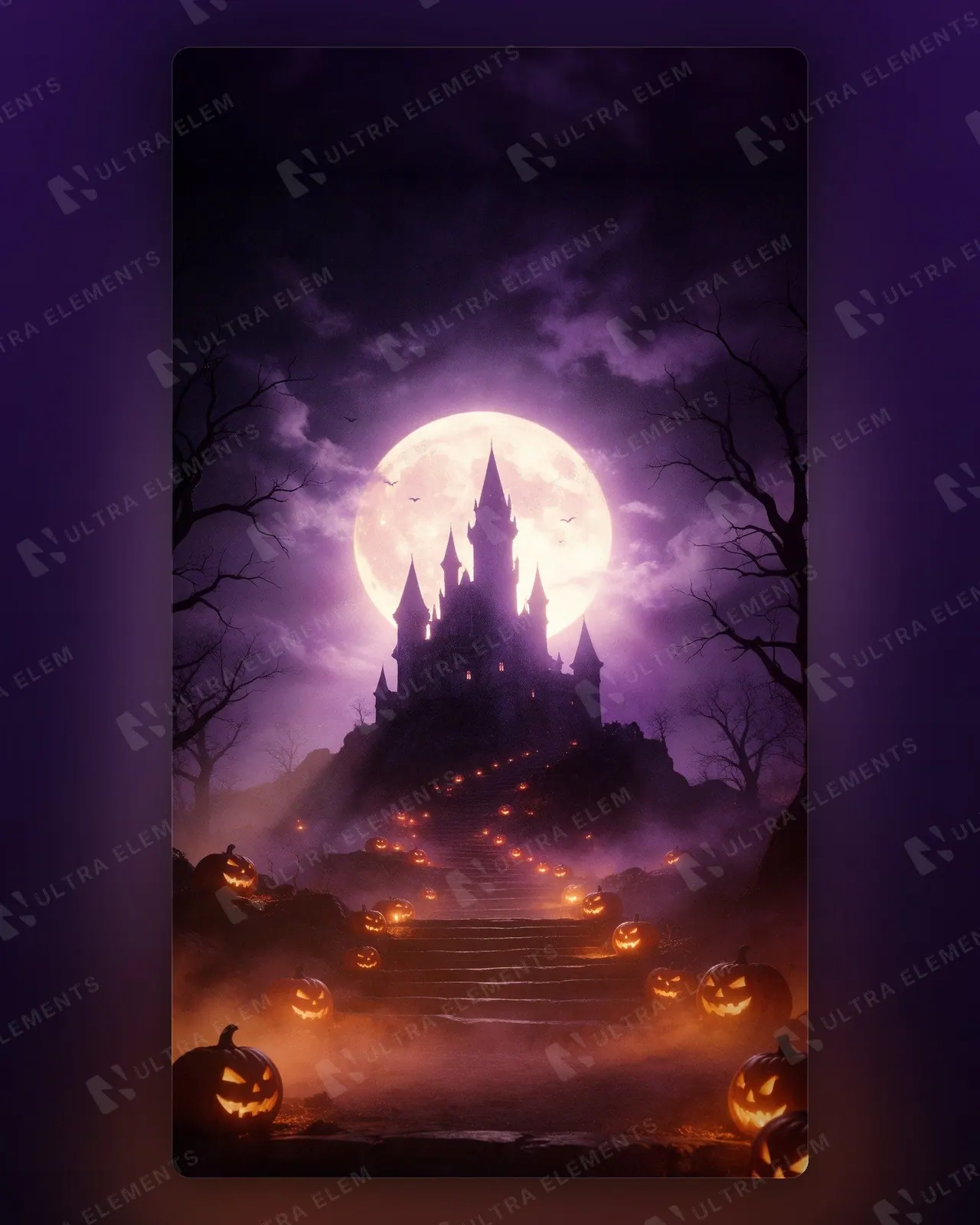 Cenário de Halloween: castelo gótico sob lua cheia com escadaria de abóboras (feed, story e A5) — imagem 1 de 3