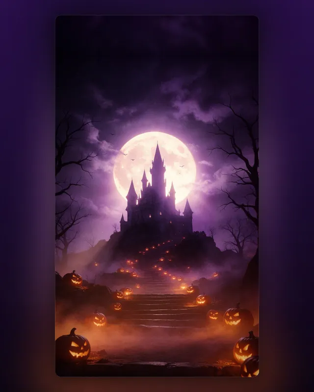 Cenário de Halloween: castelo gótico sob lua cheia com escadaria de abóboras (feed, story e A5)