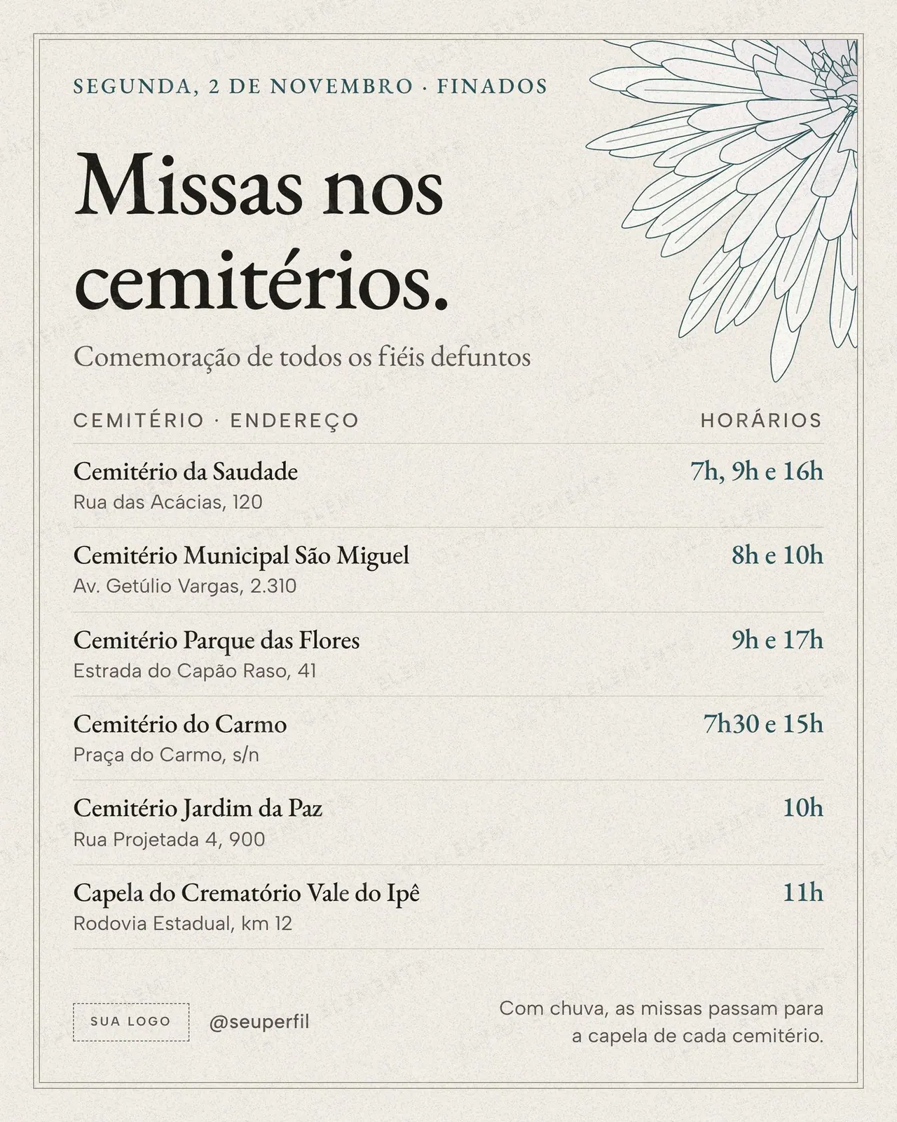 Post e story Missas nos cemitérios em Finados 02/11: tabela editável de 6 linhas — imagem 1 de 3
