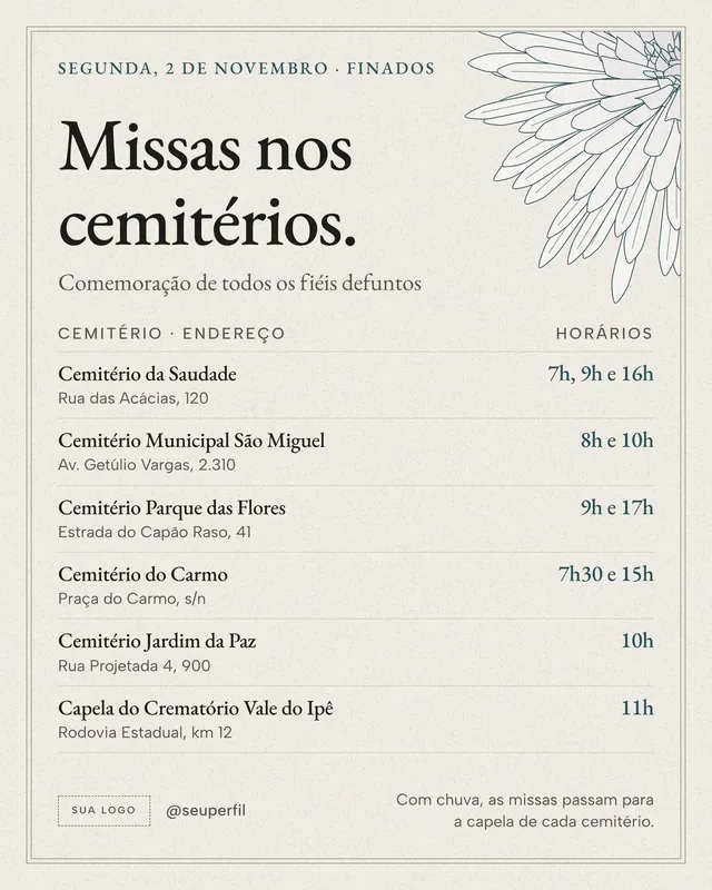 Post e story Missas nos cemitérios em Finados 02/11: tabela editável de 6 linhas